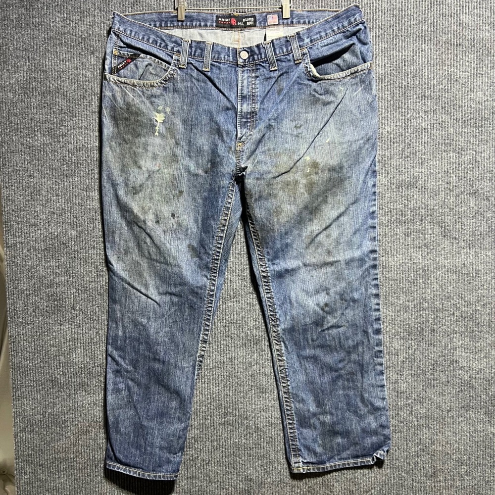 Ariat FR M4 Relaxed Boot Cut Jeans Mens 46x30 Blue Distressed Workwear Heavy